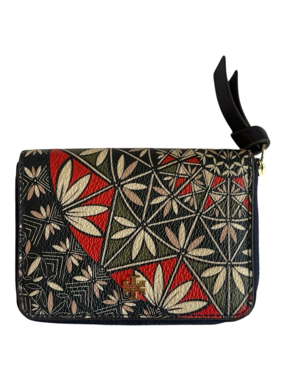 Tory Burch Black Kerrington Geometric Floral Patchwork Leather Zip Wallet Clutch